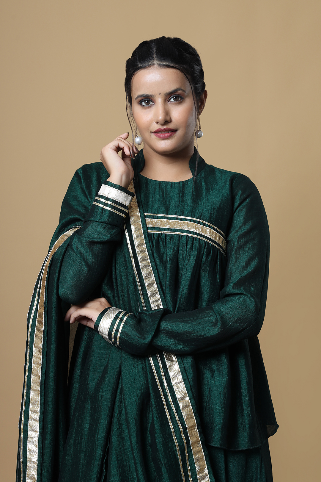 Vglame Green V Silk Yoke Gathered Kurta Set with Gota Work